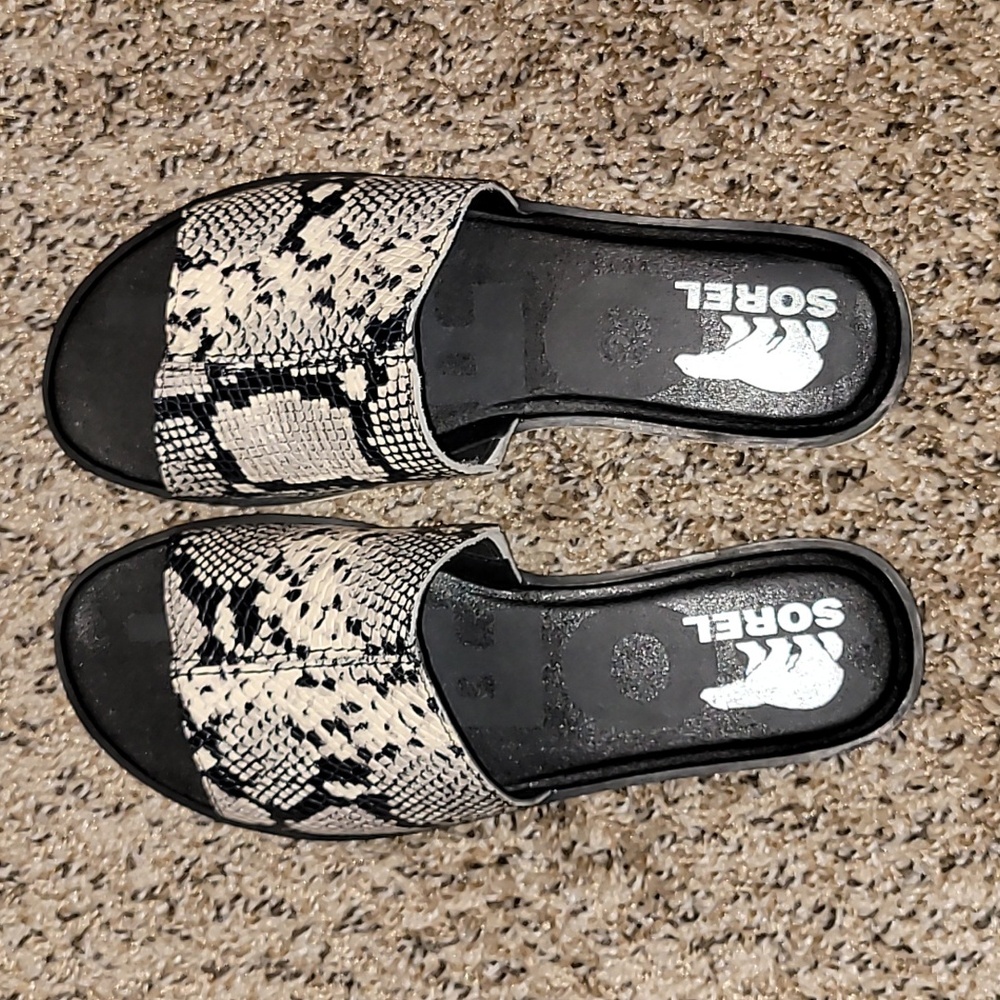 Sorel Ella II Block Slide Sandal Snakeskin Print Leather Women Size 8.5 NWOB